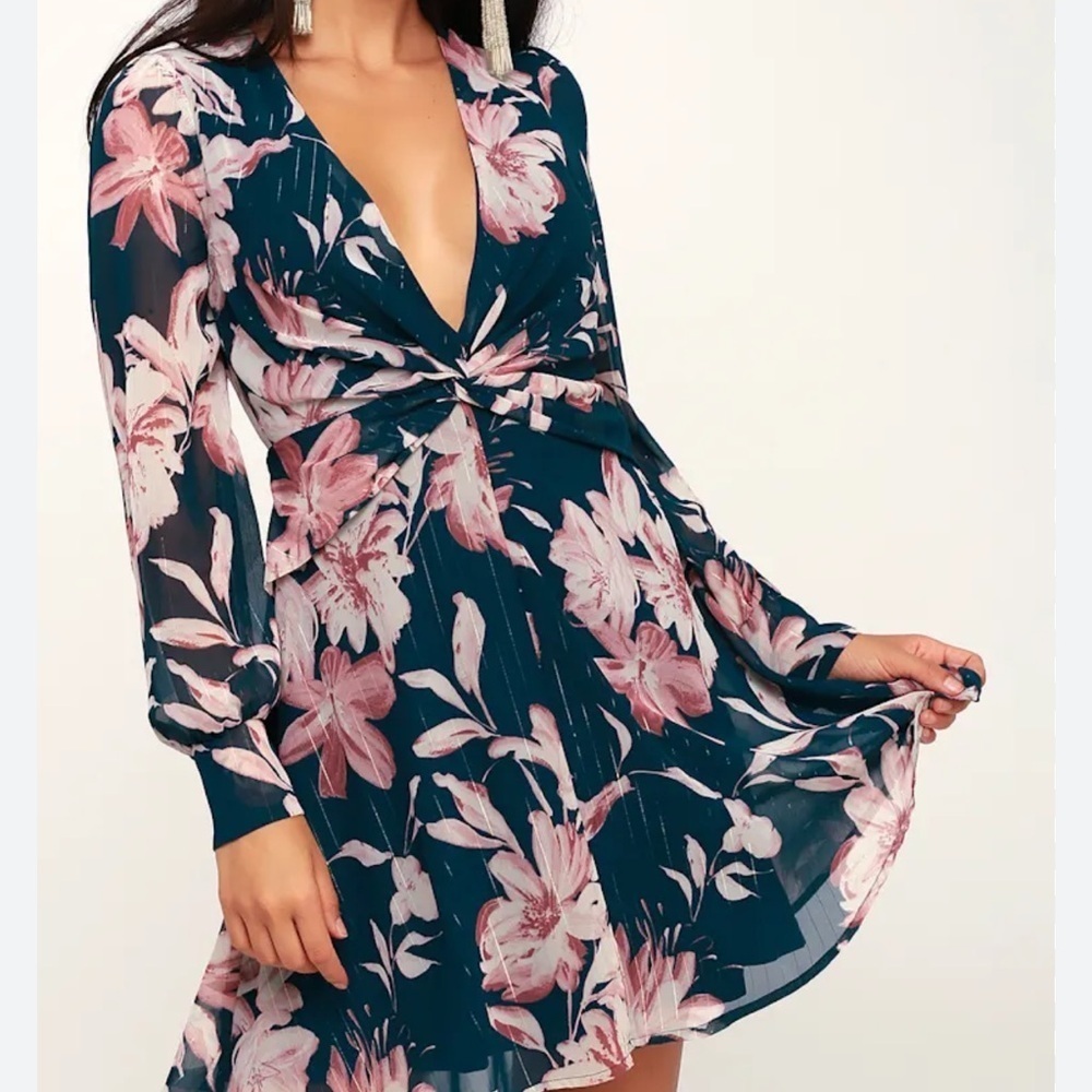 Lulu's Teal Floral Twist-Front Mini Dress with Pink Blooms